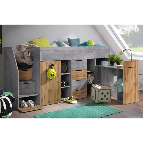 Kinderbett KON3-L, Hochbett mit Schreibtisch, Schrank und Schubladen. Treppe auf der linken Seite. Farbe Beton/Wotan
