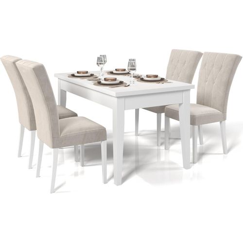 Essgruppe DAKOTA Weiß matt Beige 140x80x180 cm Esszimmer Set ausziehbar PREMIUM Laminat Buchenholz Tisch Esstisch mit 4 Stühlen