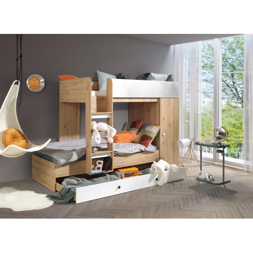 Hochbett SM2 , mit Treppe, Schrank. Auch für 3 Kinder geeignet . Farbe Artisan/Weiß
