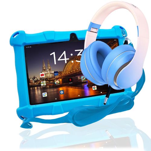 AngelTech Kinderpaket SLIM - Kindertablet + Kinderkopfhörer - Android 13 - 3+4GB RAM - 64+64 GB - Elterliche Kontrolle - 7 Zoll - Blau