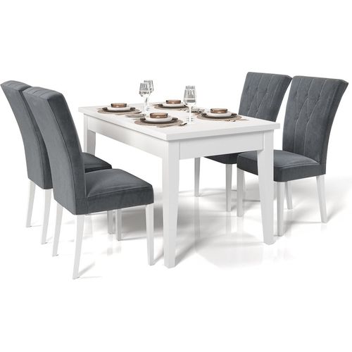 Essgruppe DAKOTA Weiß matt Dunkelgrau Graphit Anthrazit 140x80x180 cm Esszimmer Set ausziehbar PREMIUM Laminat Buchenholz Tisch Esstisch mit 4 Stühlen