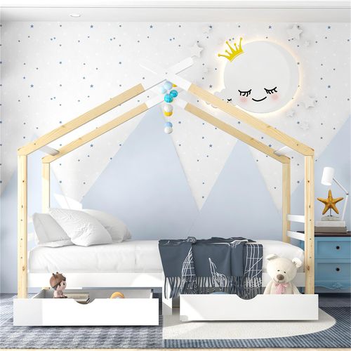 Jugendbett Kinderbett Hausbett mit Schubladen, Massivholz mit Lattenrost, Kiefernholz Hausbett, Kinder und Jugendzimmer, weiß+holzfarbe