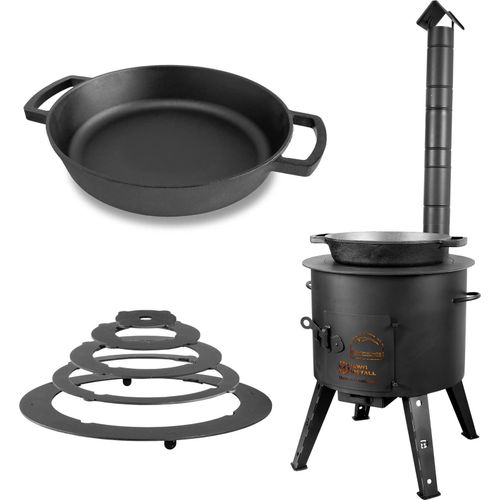 Ø44cm Uchag 2mm stahl Utschak mit Adapter-Ringe Abzugsrohr Ø36cm Gusseisenpfanne Bräter Schmortopf zwei Griffe Utschag Feldküche Feuerstelle Campingofen Außenküche Eintopfofen