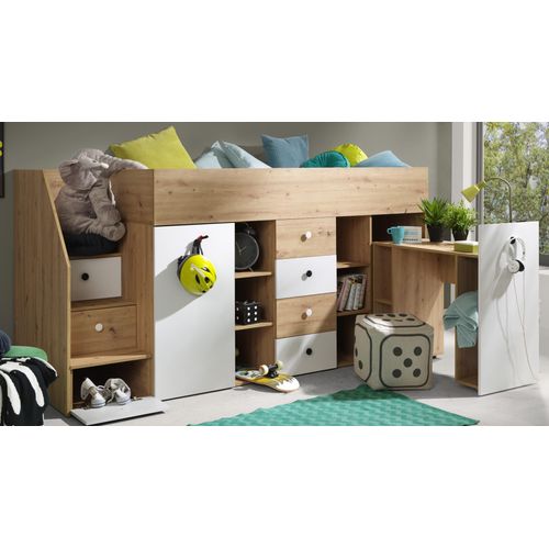 Hochbett ,Kinderbett SM 3, Hochbett mit Schreibtisch, kleine Schrank und Schubladen. Farbe Artisan/Weiß