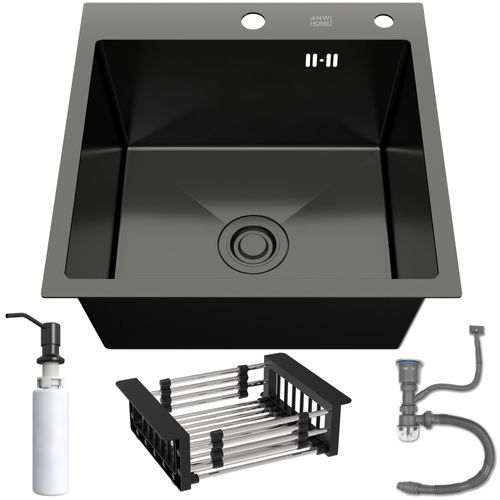 ANW HOME Spülbecken Küche Schwarz 50x50 cm mit Siphon, Abtropfgestell & Seifenspender 350ml, Waschbecken Küche Edelstahl 304 mit 2 HahnLöcher
