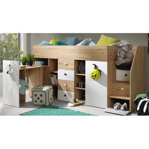 Hochbett ,Kinderbett SM 3-P, Hochbett mit Schreibtisch, kleine Schrank und Schubladen. Farbe Artisan/></noscript>Weiß