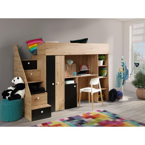 Kinderbett, Hochbett SM 14, mit Schreibtisch, Kleiderschrank und Regale.Treppe beidseitig montierbar. Farbe Artisan/Schwarz