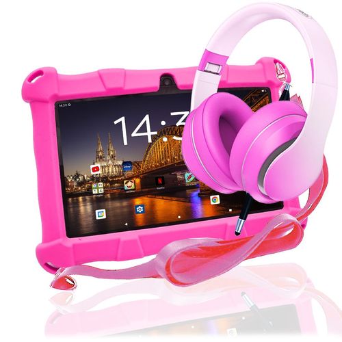 AngelTech Kinderpaket SLIM - Kindertablet + Kinderkopfhörer - Android 13 - 3+4GB RAM - 64+64 GB - Elterliche Kontrolle - 7 Zoll - Rosa
