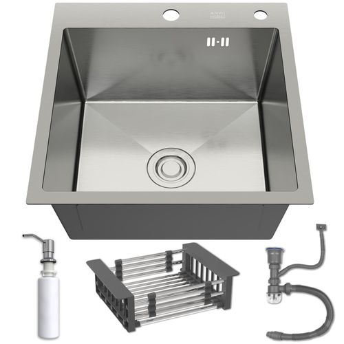 ANW HOME Spülbecken Küche 50x50 cm mit Siphon, Abtropfgestell & Seifenspender 350ml, Waschbecken Küche Edelstahl 304 mit 2 HahnLöcher