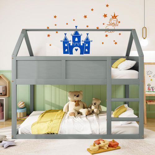 Abrihome Etagenbett 90x200cm Kinderbett mit Treppe und Rausfallschutz, Massivholzbett Hochbett, Grau
