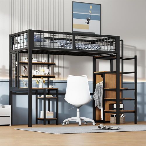 Jugendbett Hochbett 90x200 mit Sicherheitsleiter, Kinderbett mit Eisenrahmen Kleiderschrank und Computertisch Schwarz