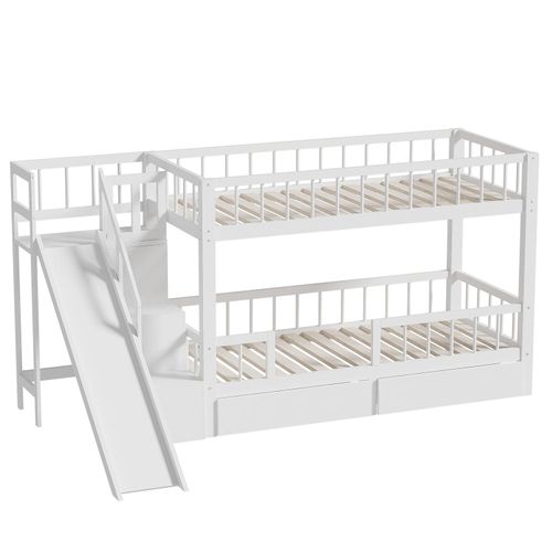 Kinder-Etagenbett,mit Rutsche und Treppen, mit 2 Schubladen, mit magnetischer Tür,ohne Matratze, massivholz, Doppelbett, multifunktionales Kinderb