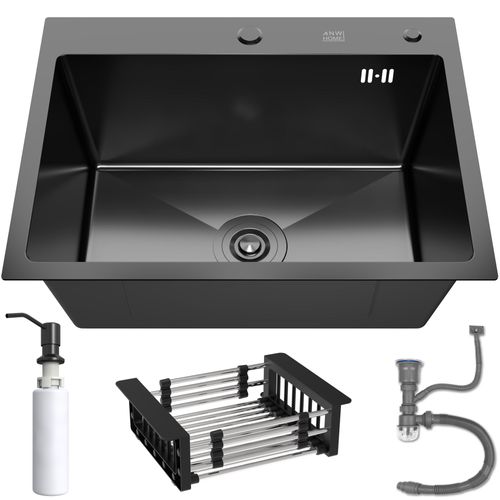 ANW HOME Spülbecken Küche Schwarz 55x43 cm mit Siphon, Abtropfgestell & Seifenspender 350ml, Waschbecken Küche Edelstahl 304 mit 2 HahnLöcher