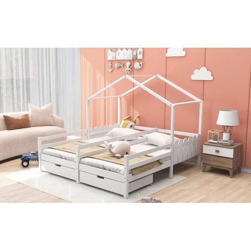 ODIKALO Kinderbett Doppelbett, Gitterbett m. 2 Schubladen auf Rollen, Lattenrost Kiefer