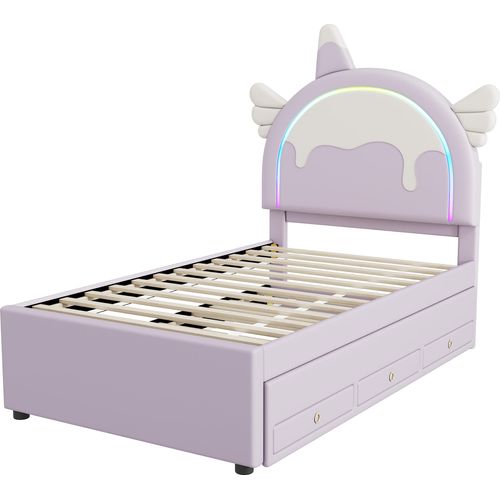 Kinderbett 90x200cm Polsterbett (ohne Matratze) Einhornform Cartoon-Bett Lila Mit ausziehbares Rollbett und drei Schubladen PolyurethanMaterial
