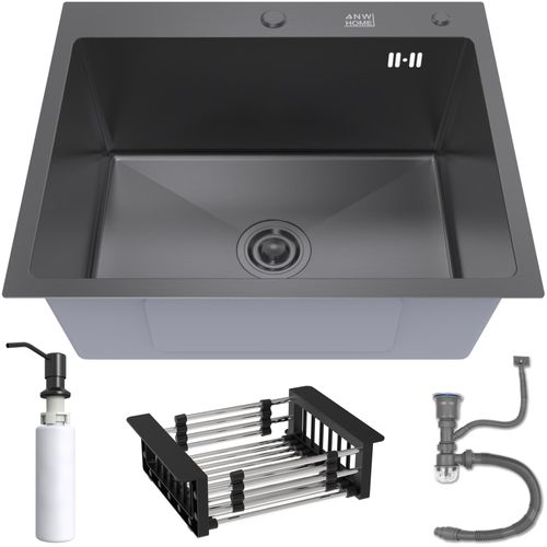 ANW HOME Spülbecken Küche Schwarz 60x50 cm mit Siphon, Abtropfgestell & Seifenspender 350ml, Waschbecken Küche Edelstahl 304 mit 2 HahnLöcher