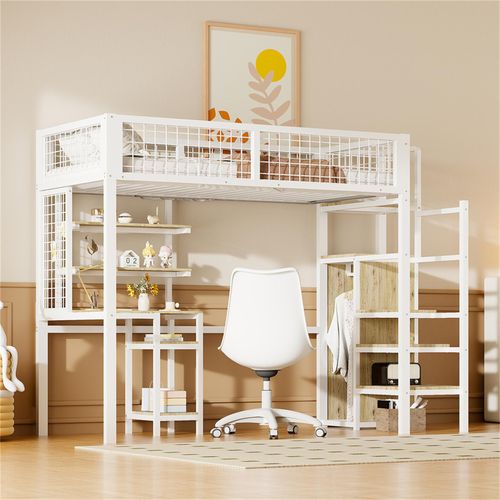 Jugendbett Hochbett 90x200 mit Sicherheitsleiter, Kinderbett mit Eisenrahmen Kleiderschrank und Computertisch Weiß