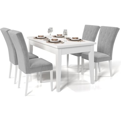 Essgruppe DAKOTA Weiß matt Grau Hellgrau 140x80x180 cm Esszimmer Set ausziehbar PREMIUM Laminat Buchenholz Tisch Esstisch mit 4 Stühlen