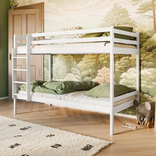 Hochbett 90x200 cm Kinderbett Etagenbett Stockbett mit Matratze, Rausfallschutz, Lattenrost und Leiter, umbaubar in zwei Kinderbetten, aus Vollholz massiv in weiß, Funktionsbett