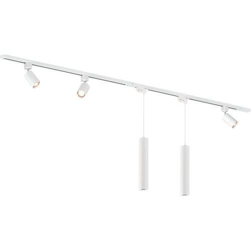 Qub Focus III - LED Schienensystem Komplettset - Weiß - 1-Phasen - 200cm - 3x Spots & 2x Pendelleuchten - I-Form