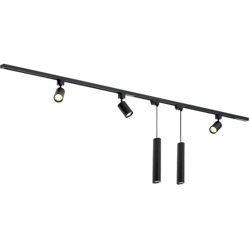 Qub Focus III - LED Schienensystem Komplettset - Schwarz - 1-Phasen - 200cm - 3x Spots & 2x Pendelleuchten - I-Form