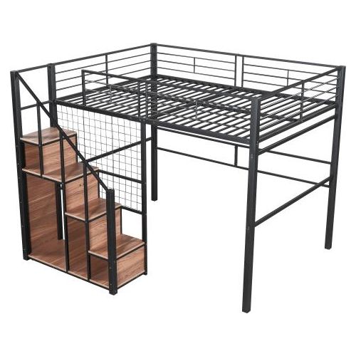 Hochbett 140x200 cm (Ohne Matratze) Kinderbett mit Sicherheitsleiter mit Eisenrahmen und Ablagefläche Jugendbett Schwarz