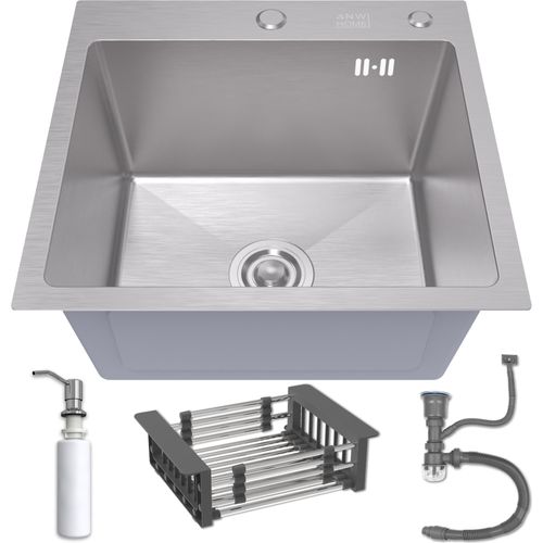 ANW HOME Spülbecken Küche 48x45 cm mit Siphon, Abtropfgestell & Seifenspender 350ml, Waschbecken Küche Edelstahl 304 mit 2 HahnLöcher