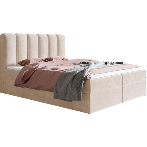 Boxspringbett 180 x 200 cm Rimini - Doppelbett mit Bettkasten, Matratze H3, Topper - Polsterbett, Velvet Beige (Amor Velvet 4304)