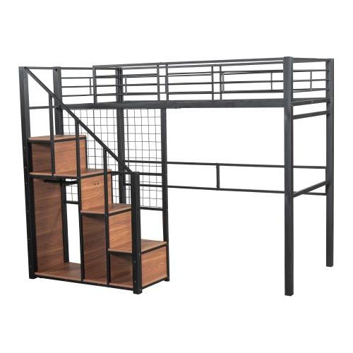 Hochbett 90x200 cm (Ohne Matratze) Kinderbett mit Sicherheitsleiter mit Eisenrahmen und Ablagefläche Jugendbett Schwarz