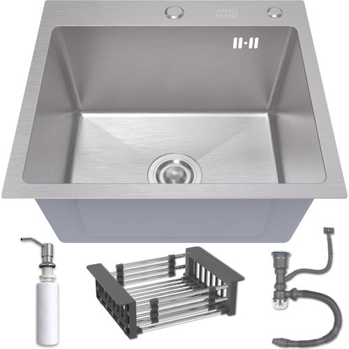 ANW HOME Spülbecken Küche 50x45 cm mit Siphon, Abtropfgestell & Seifenspender 350ml, Waschbecken Küche Edelstahl 304 mit 2 HahnLöcher