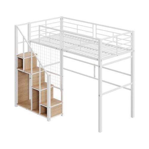 Hochbett 90x200 cm (Ohne Matratze) Kinderbett mit Sicherheitsleiter mit Eisenrahmen und Ablagefläche Jugendbett Weiß