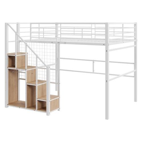 Hochbett 140x200 cm (Ohne Matratze) Kinderbett mit Sicherheitsleiter mit Eisenrahmen und Ablagefläche Jugendbett Weiß