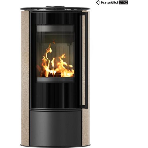 Kaminofen aus Stahl KRATKI ERIK Ø 150 5,5 kW dekorative Keramiken GOLD SATIN schwarz Verkleidung mit Türfeder