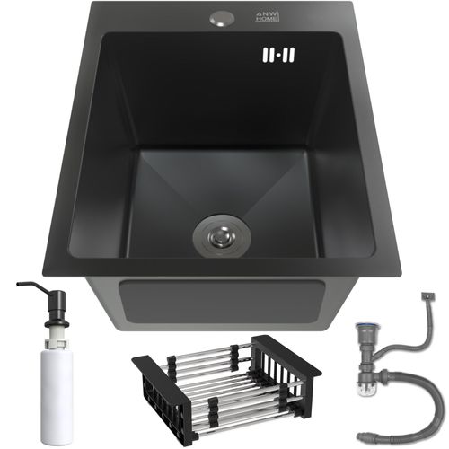ANW HOME Spülbecken Küche Schwarz 40x50 cm mit Siphon, Abtropfgestell & Seifenspender 350ml, Waschbecken Küche Edelstahl 304 mit 2 HahnLöcher
