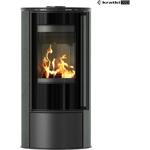 Kaminofen aus Stahl KRATKI ERIK Ø 150 5,5 kW dekorative Keramiken SERPENTINO schwarz Verkleidung