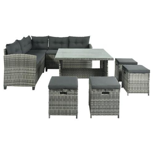 Gartenlounge-Set Gartenmöbel-Set Rotterdam 2 Sofas 4 Hocker Allwetter-Rattan-Sofa Esstisch Stuhl 4 Ottomanen Korbgeflecht 6-10 Personen Dunkelgrau