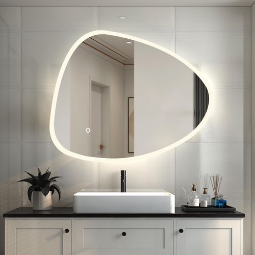 LED Badspiegel mit Beschlagfrei Unregelmäßige Flurspiegel Wandspiegel 80x65cm Badezimmerspiegel 3 Lichtfarbe Dimmbar Speicherfunktion