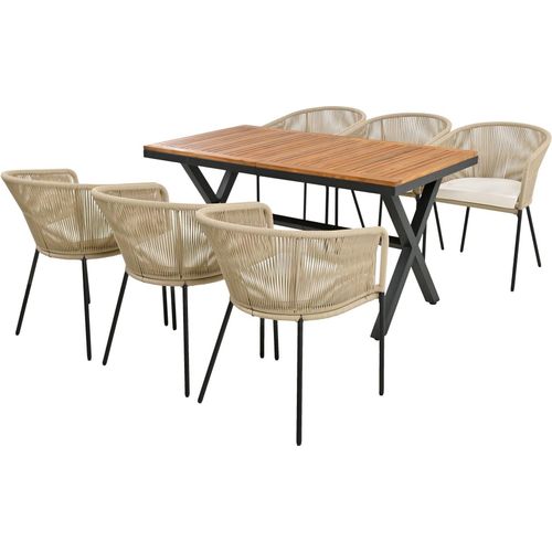 Garten-Lounge-Set Garten-Essgruppe 7-tlg Seil 6 Sessel 1 Tisch Tisch Akazienholz Fußpolstern und sechs Sitzkissen abnehmbar waschbar