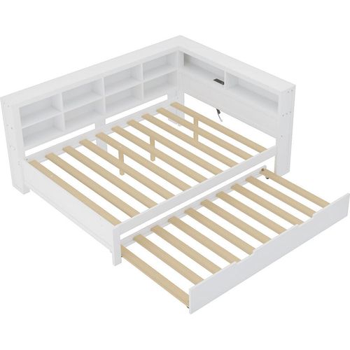 Schlafsofa 140*200(weiß)ausziehbares Bett 90*190 mit USB-Steckdose und mehreren Ablagefächern,Massivholzbett,Doppelbett,Multifunktionsbett aus Holz