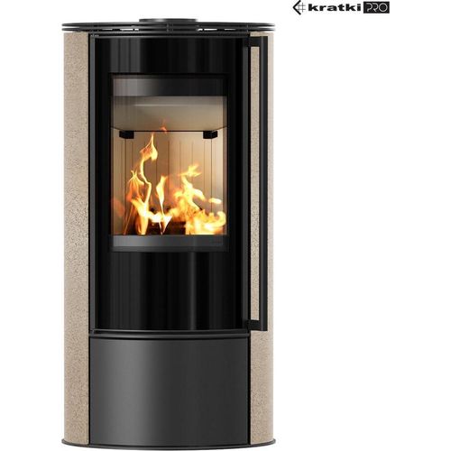 Kaminofen aus Stahl KRATKI ERIK Ø 150 5,5 kW dekorative Keramiken GOLD SATIN mit Türfeder