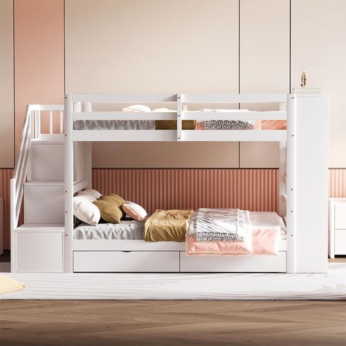 Etagenbett mit Staufächern Stauraumschubladen und großen Schließfächern Kinderbett Hausbett Kiefernbett Jugendbett 90*200 cm Weiß