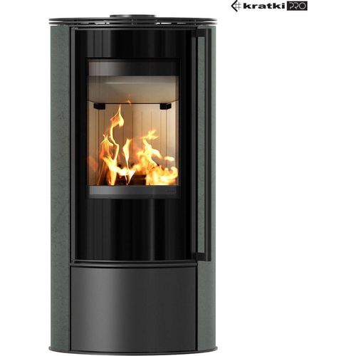 Kaminofen aus Stahl KRATKI ERIK Ø 150 5,5 kW dekorative Keramiken SERPENTINO mit Türfeder
