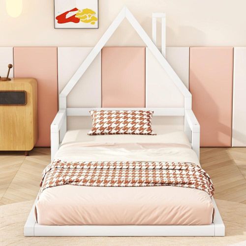 Kinderbett, Flachbett, Hausform Bett, Polsterbett Weiß 90*200cm