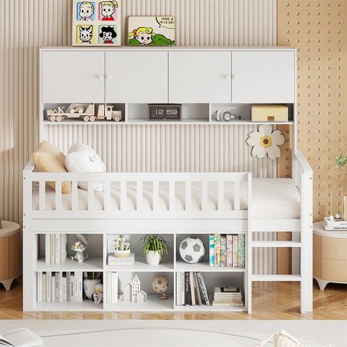 Kinderbett aus Holz 90*200 cm, mit Staufach, mit Schließfächern und Sicherheitsleiter, Einzelbett, Kinderbett, weiß