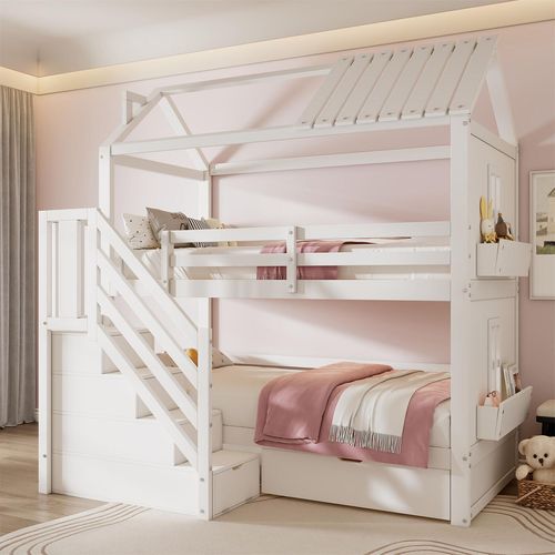 Kinder-Etagenbett,90*200cm,Multifunktionales Kinderbett,mit Stauraumtreppe,Schubladen und Regalen,Extra großer Stauraum,Ohne Matratze, Kiefer + MDF