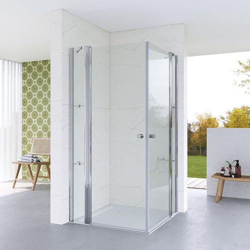 Duschkabine Eckeinstieg Pendeltür Eckdusche Duschabtrennung 100x115cm mit Festteil und Duschablage aus Sicherheitsglas (ESG) 5 mm klar rahmenlos