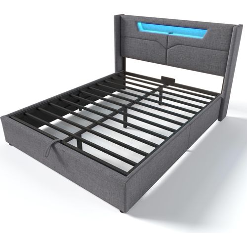 Doppelbett 140x200cm Polsterbett (Ohne Matratze) Grau Leinenmaterial Stauraumbett Jugendbett Mit USB Typ C Ladefunktion und LED-Beleuchtung