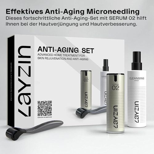 LAYZIN Anti-Aging Microneedling-Set | für Gesicht, Hals, Dekolleté & Hände | Set aus Dermaroller 0,55 mm Mikronadelkopf, Reinigungsspray & SERUM 02