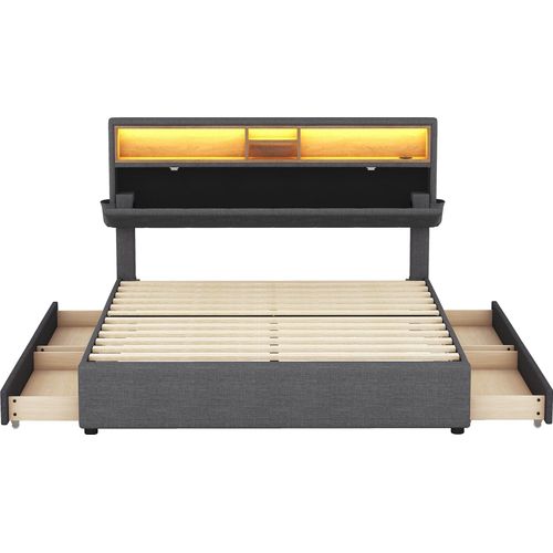 Doppelbett 140x200cm PolsterbettOhne MatratzeStauraumbett Multifunktionsbett Mit USB und LED Mit Schubladen Verstellbares Kopfteil Leinen Grau