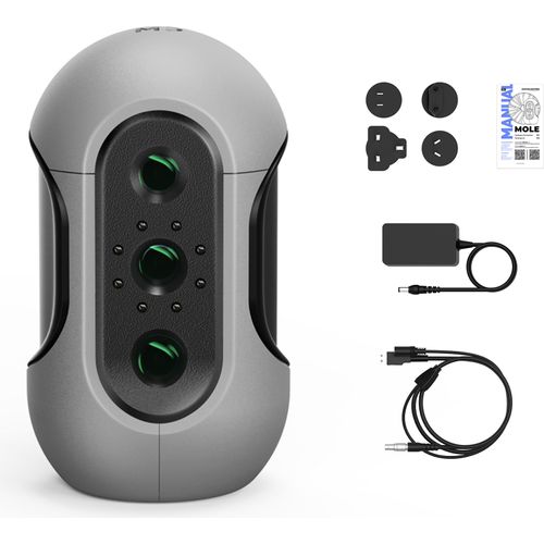 3DMakerpro Mole Handheld-3D-Scanner fuer 3D-Drucker. 0,05 mm Genauigkeit und 0,1 mm Aufloesung. 10 FPS Scannen schwarzer Objekte mit Anti-Shake-Linsen. Realistische Farben und Texturen. Unterstuetzt 15–1500 mm 3D-Modellscanner. Kompatibel mit Win10/11 und MacOS 11/12 (Standard).